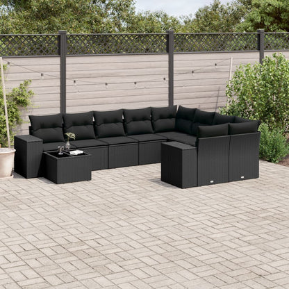 10-tlg. Garten-Sofagarnitur mit Kissen Schwarz Poly Rattan