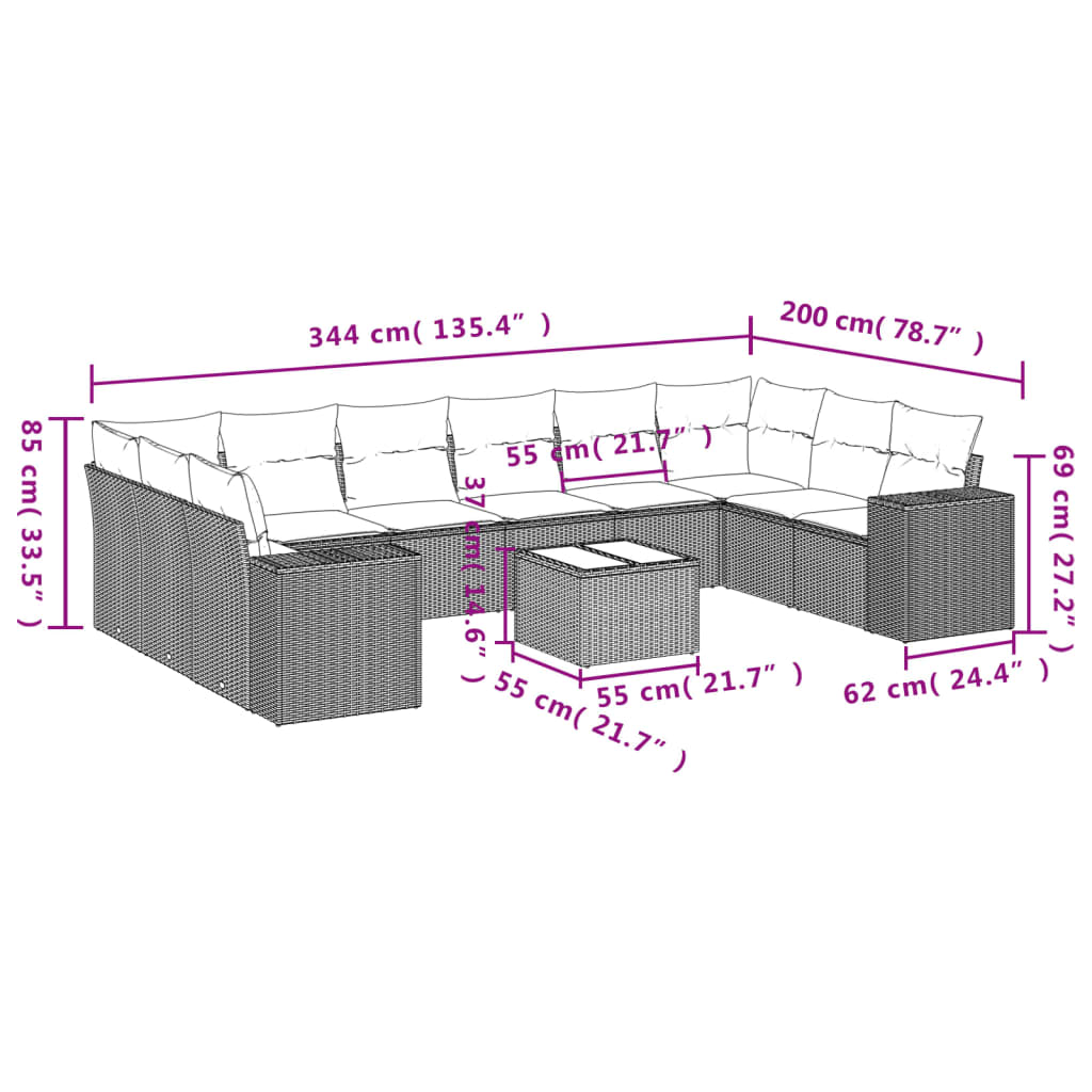 11-tlg. Garten-Sofagarnitur mit Kissen Schwarz Poly Rattan