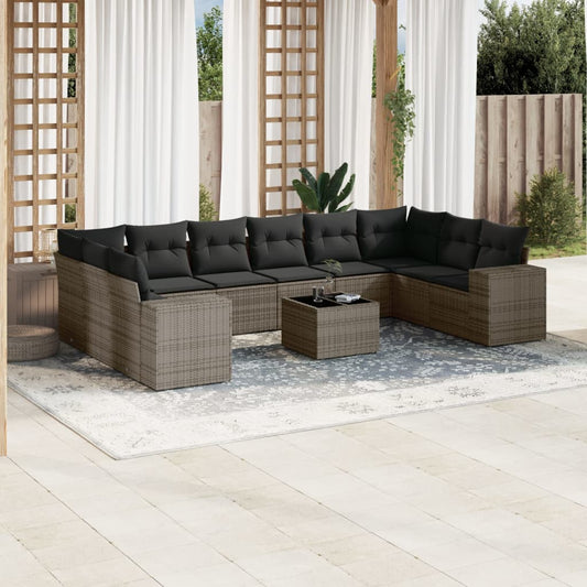 11-tlg. Garten-Sofagarnitur mit Kissen Grau Poly Rattan