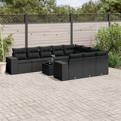 11-tlg. Garten-Sofagarnitur mit Kissen Schwarz Poly Rattan