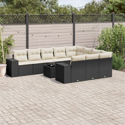 11-tlg. Garten-Sofagarnitur mit Kissen Schwarz Poly Rattan