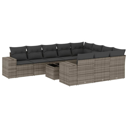 11-tlg. Garten-Sofagarnitur mit Kissen Grau Poly Rattan