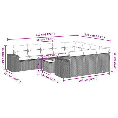 11-tlg. Garten-Sofagarnitur mit Kissen Grau Poly Rattan