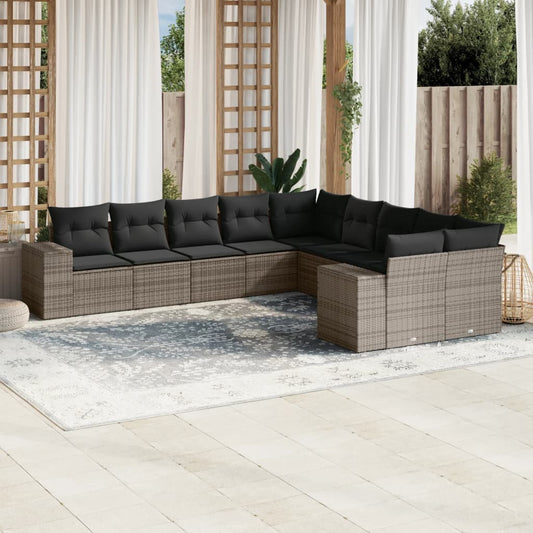 10-tlg. Garten-Sofagarnitur mit Kissen Grau Poly Rattan