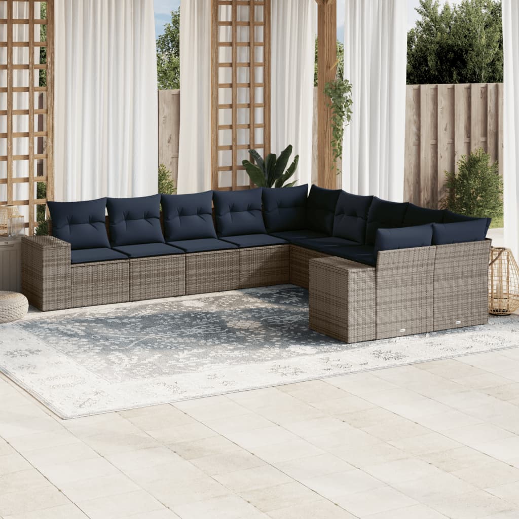 10-tlg. Garten-Sofagarnitur mit Kissen Hellgrau Poly Rattan