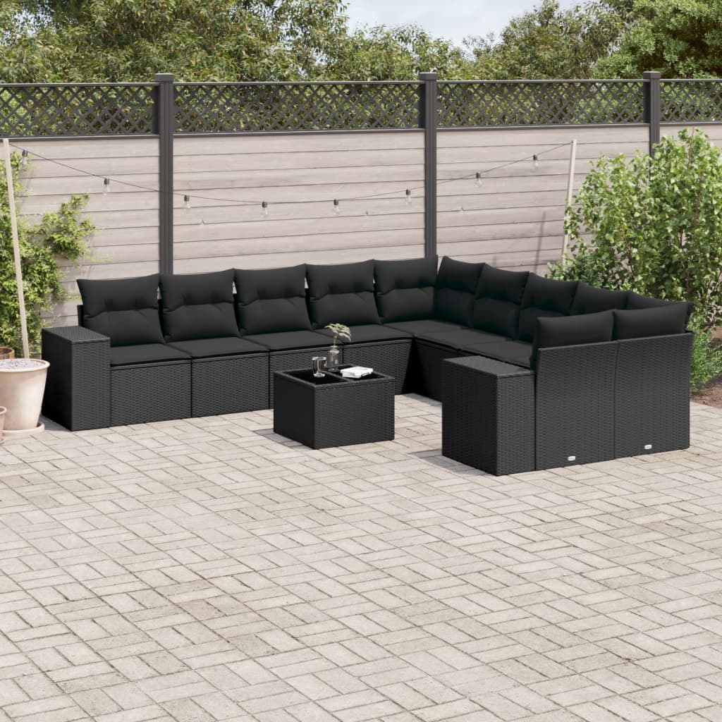 11-tlg. Garten-Sofagarnitur mit Kissen Schwarz Poly Rattan