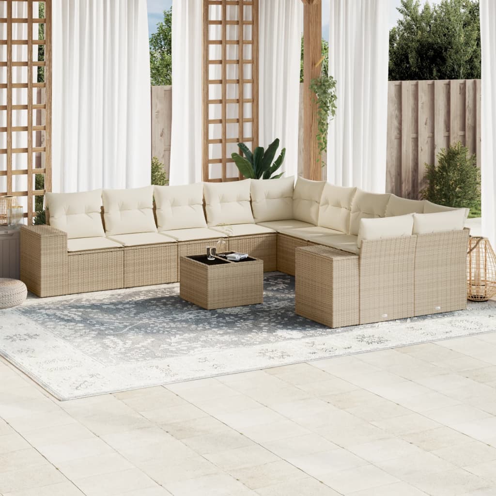 11-tlg. Garten-Sofagarnitur mit Kissen Beige Poly Rattan