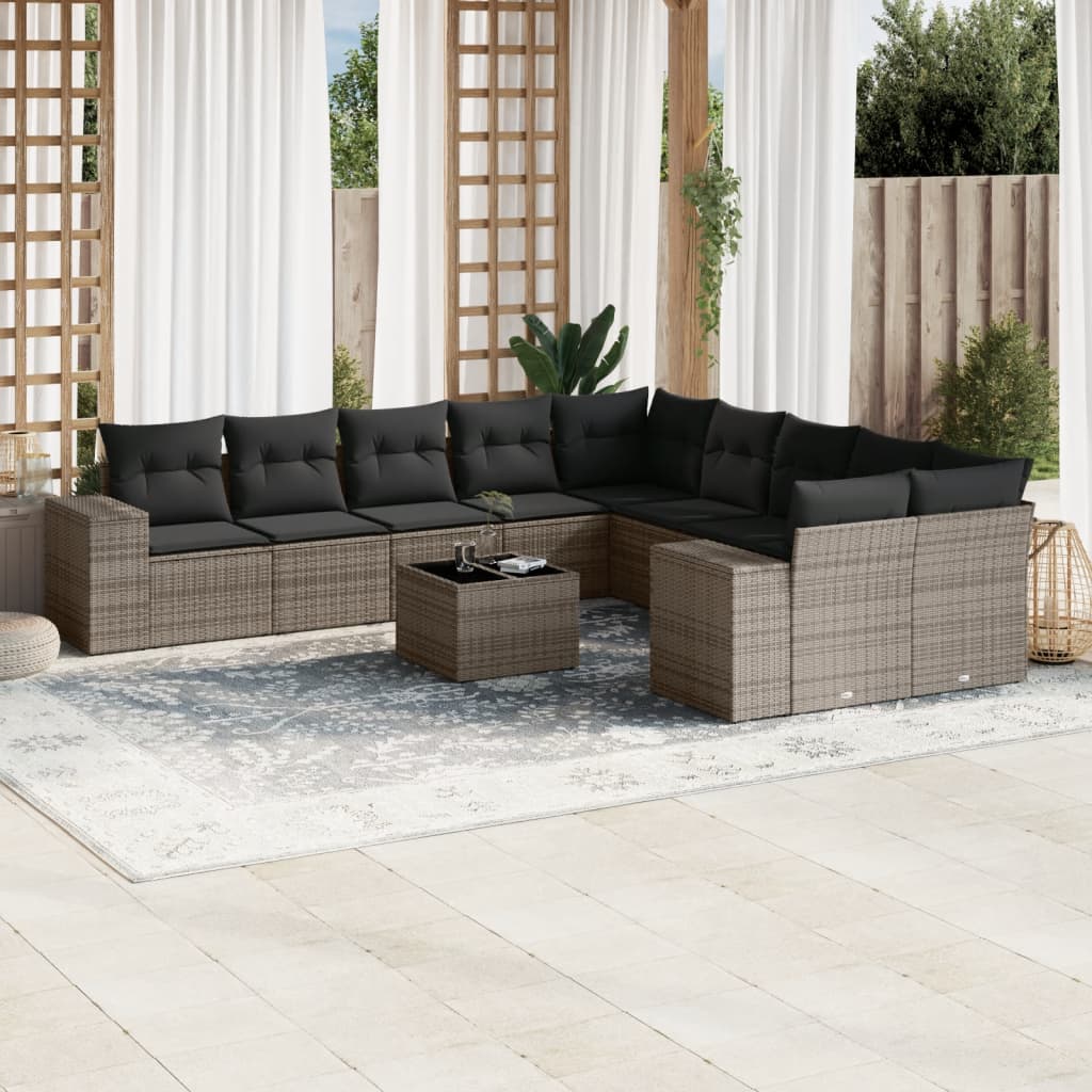 11-tlg. Garten-Sofagarnitur mit Kissen Grau Poly Rattan