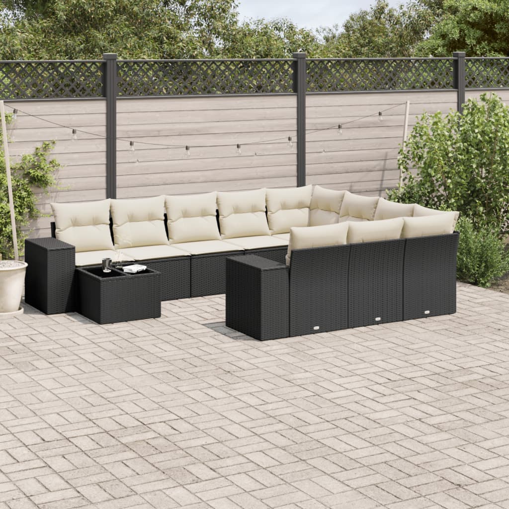 11-tlg. Garten-Sofagarnitur mit Kissen Schwarz Poly Rattan