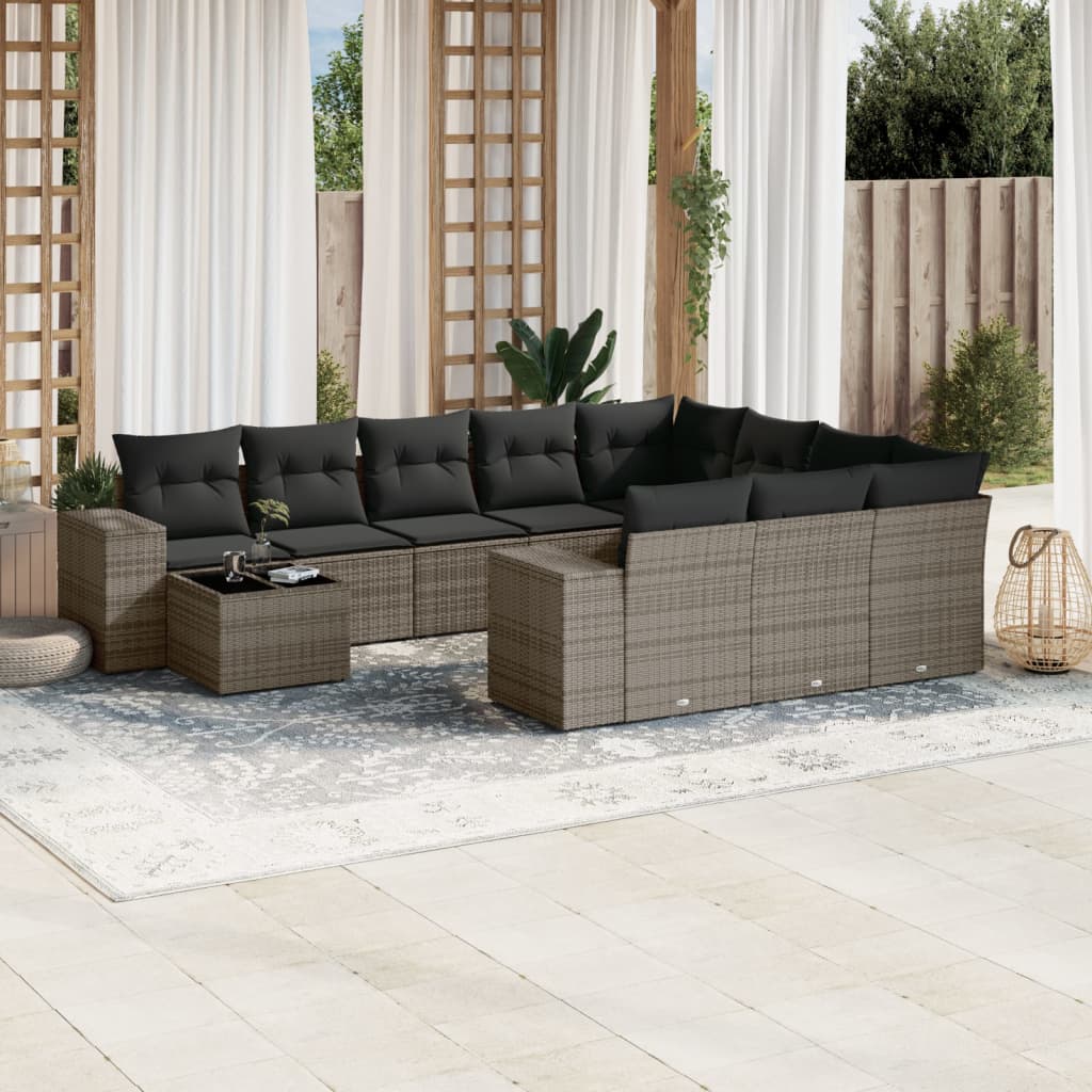 11-tlg. Garten-Sofagarnitur mit Kissen Grau Poly Rattan