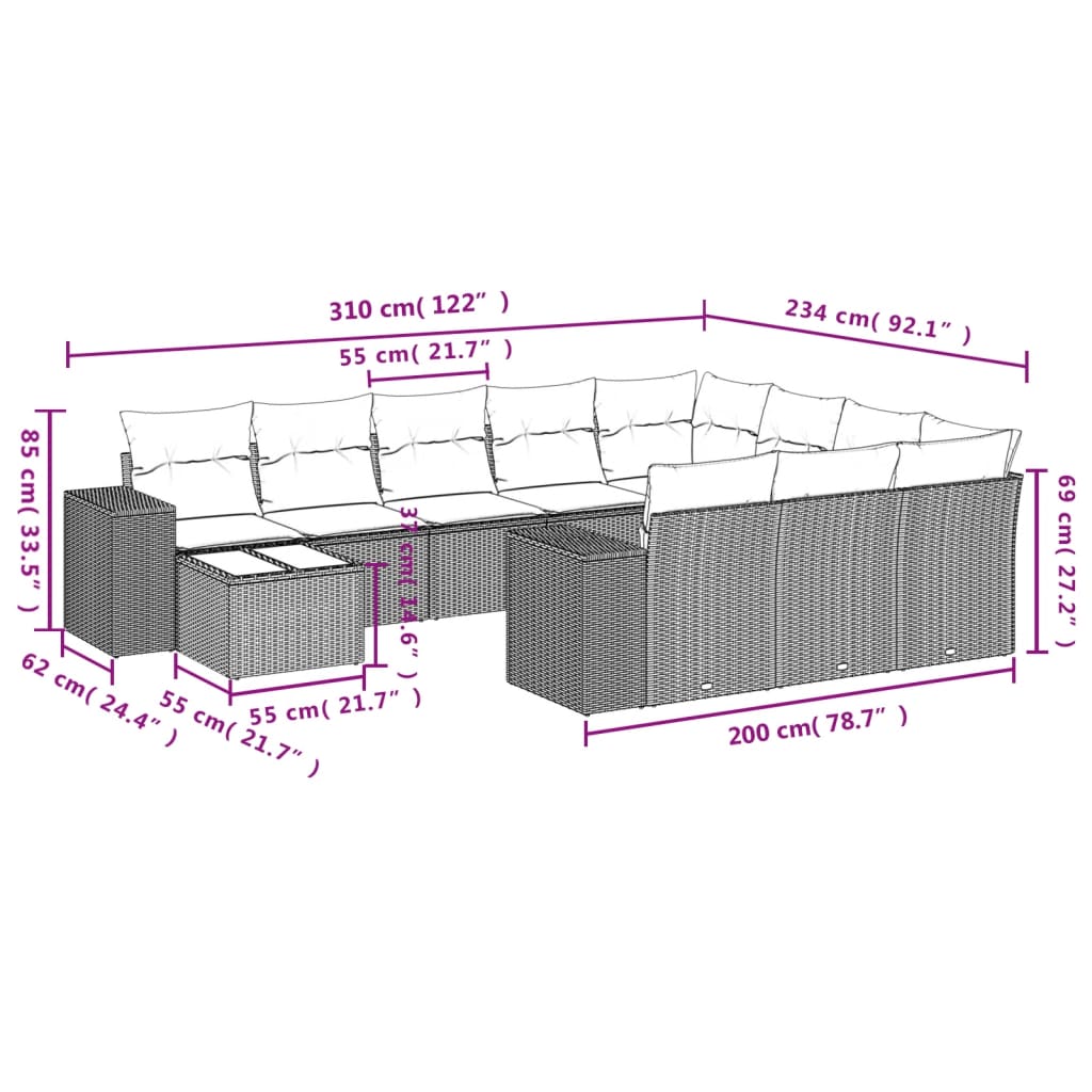 11-tlg. Garten-Sofagarnitur mit Kissen Hellgrau Poly Rattan