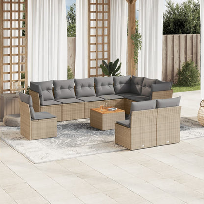 11-tlg. Garten-Sofagarnitur mit Kissen Beige Poly Rattan