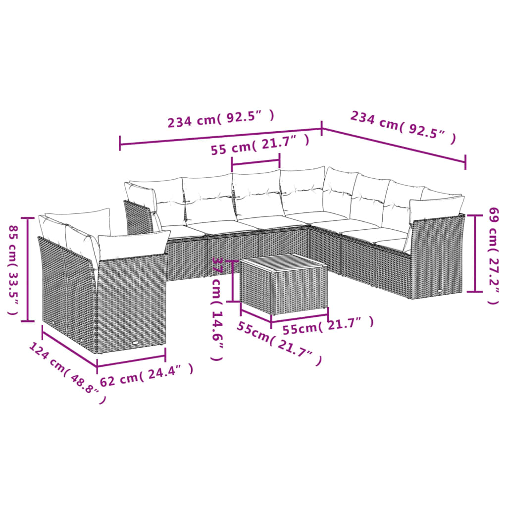 11-tlg. Garten-Sofagarnitur mit Kissen Schwarz Poly Rattan