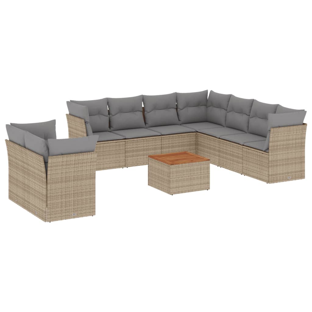 11-tlg. Garten-Sofagarnitur mit Kissen Beige Poly Rattan