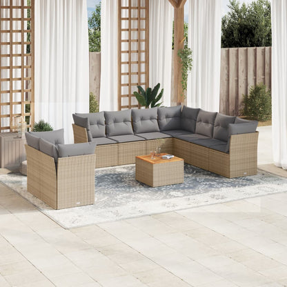 11-tlg. Garten-Sofagarnitur mit Kissen Beige Poly Rattan