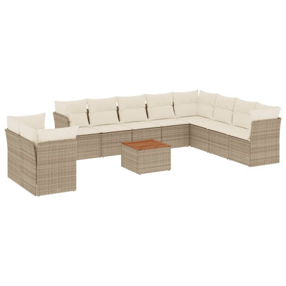 11-tlg. Garten-Sofagarnitur mit Kissen Beige Poly Rattan