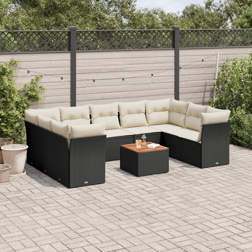 10-tlg. Garten-Sofagarnitur mit Kissen Schwarz Poly Rattan