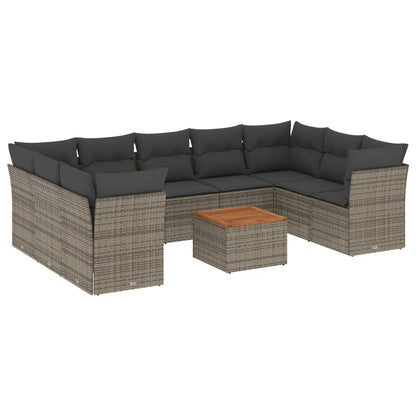 10-tlg. Garten-Sofagarnitur mit Kissen Grau Poly Rattan