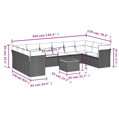 11-tlg. Garten-Sofagarnitur mit Kissen Schwarz Poly Rattan