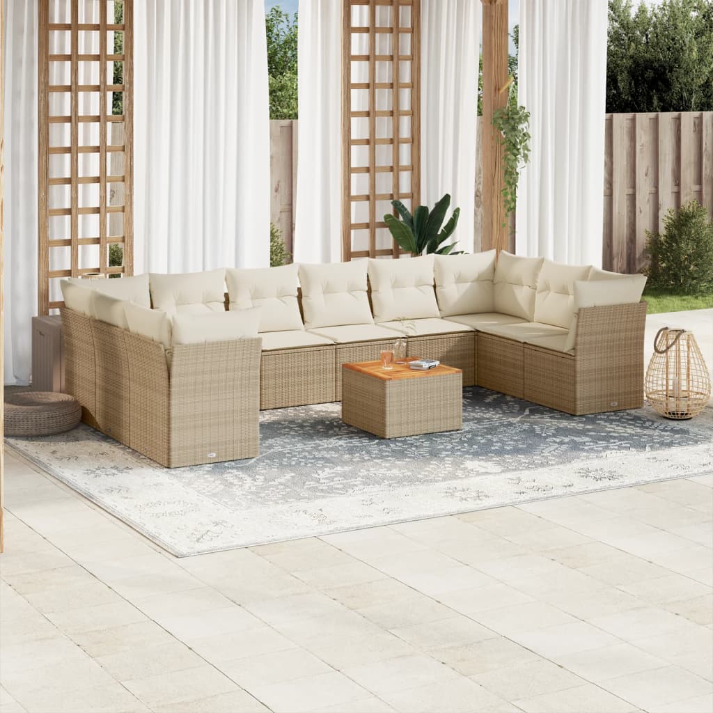 11-tlg. Garten-Sofagarnitur mit Kissen Beige Poly Rattan