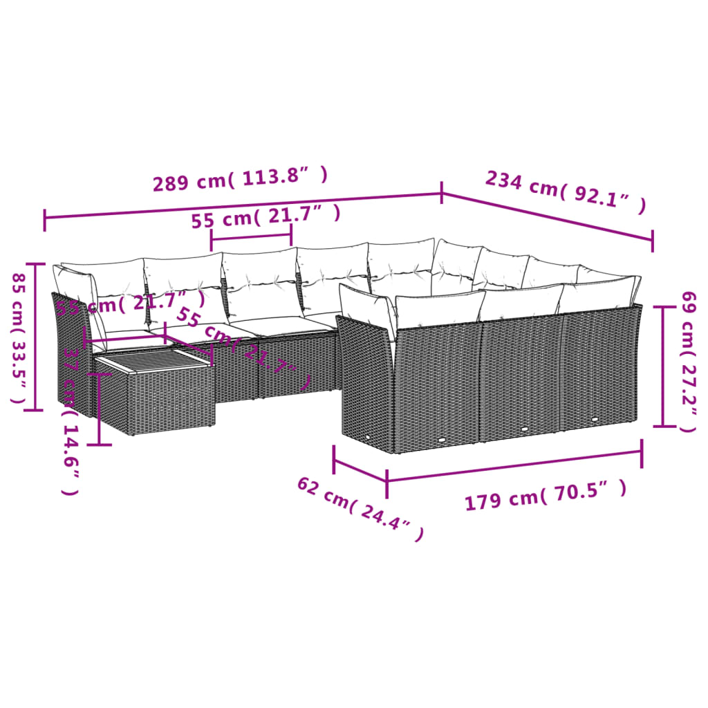 11-tlg. Garten-Sofagarnitur mit Kissen Schwarz Poly Rattan