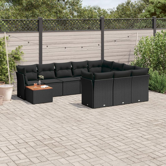 11-tlg. Garten-Sofagarnitur mit Kissen Schwarz Poly Rattan