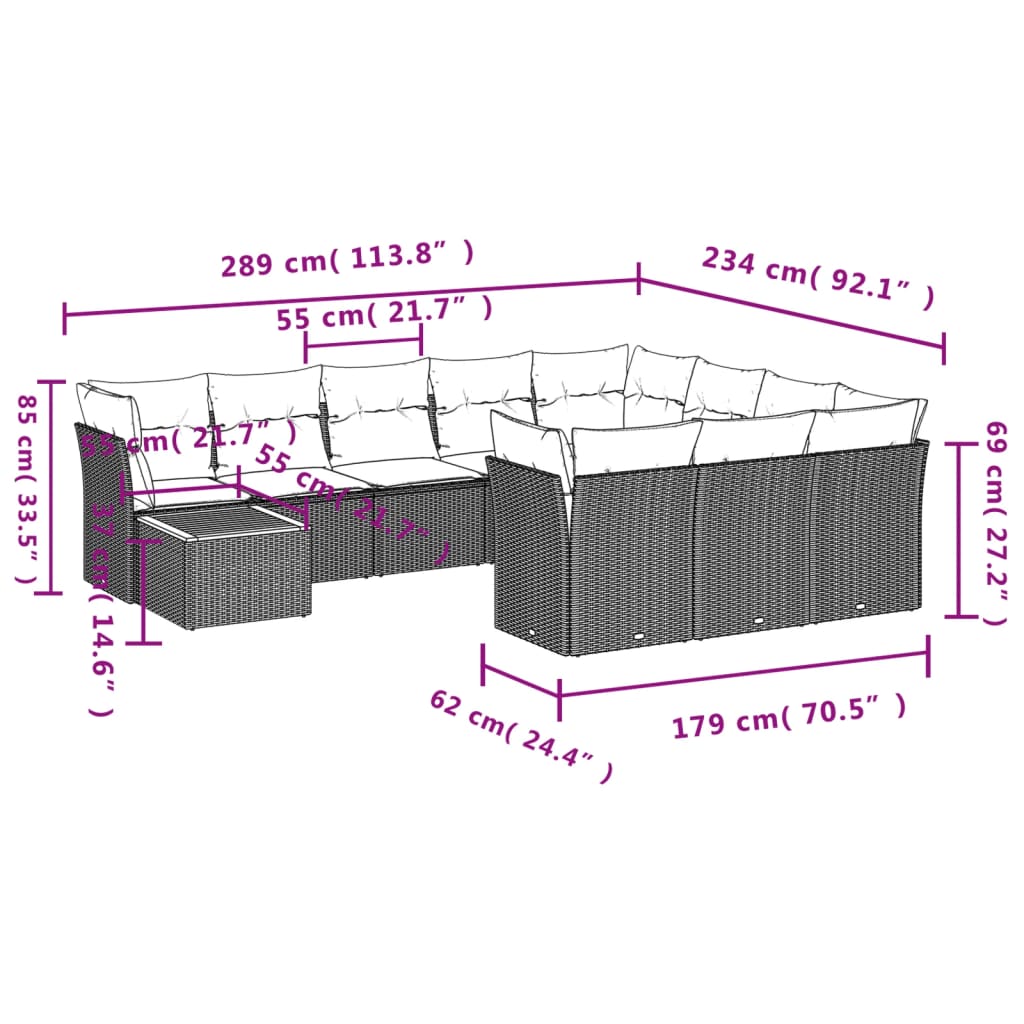 11-tlg. Garten-Sofagarnitur mit Kissen Beige Poly Rattan