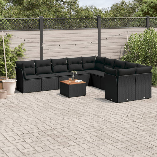 11-tlg. Garten-Sofagarnitur mit Kissen Schwarz Poly Rattan