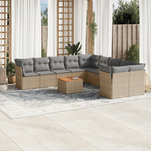 11-tlg. Garten-Sofagarnitur mit Kissen Beige Poly Rattan