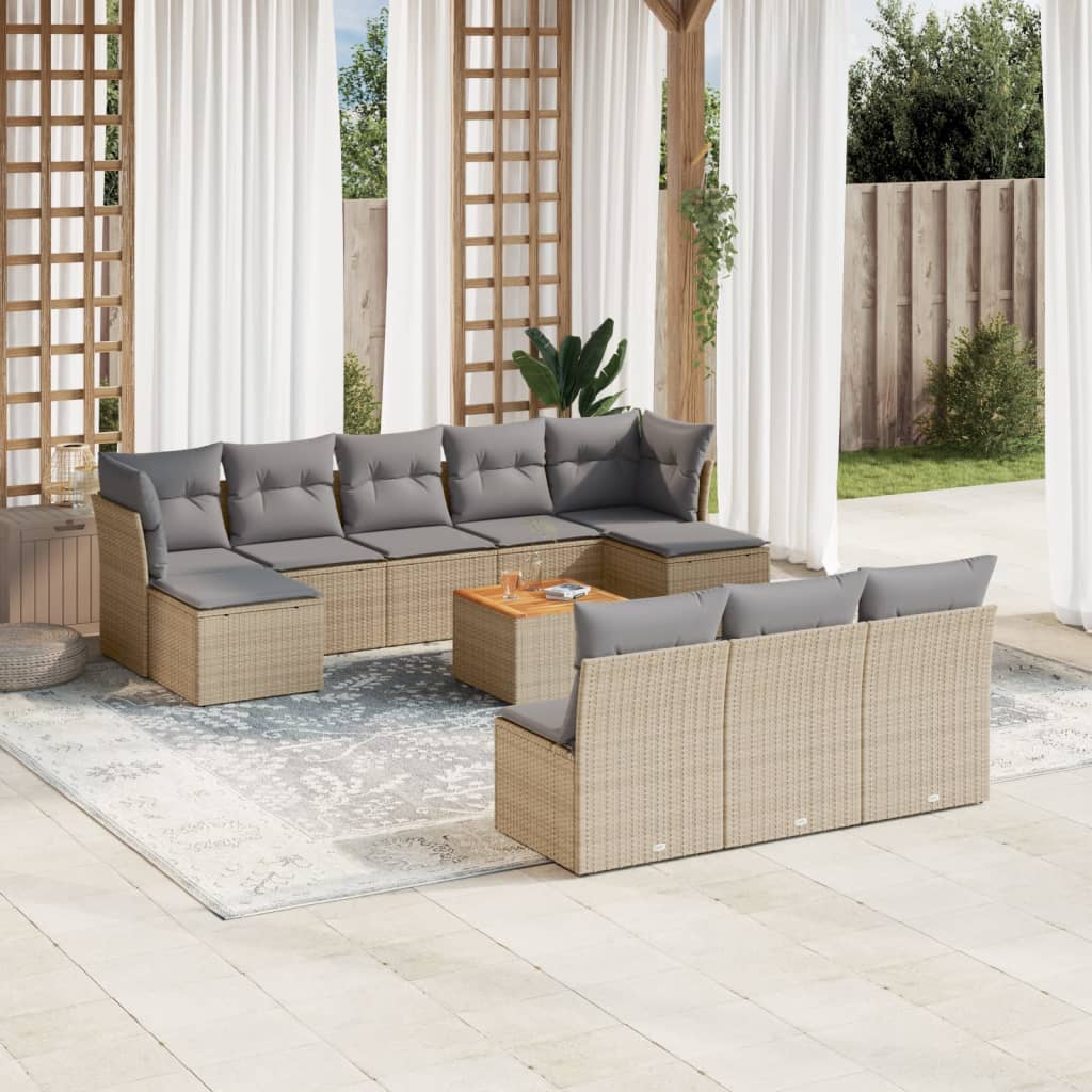 11-tlg. Garten-Sofagarnitur mit Kissen Beige Poly Rattan