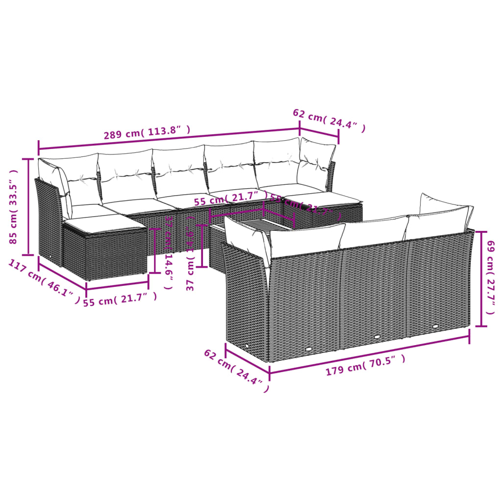 11-tlg. Garten-Sofagarnitur mit Kissen Schwarz Poly Rattan