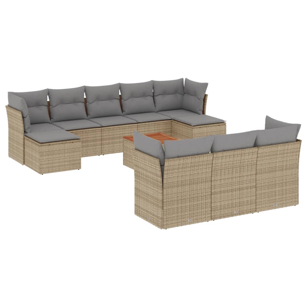 11-tlg. Garten-Sofagarnitur mit Kissen Beige Poly Rattan