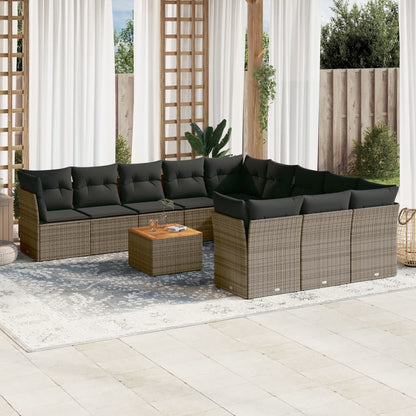 12-tlg. Garten-Sofagarnitur mit Kissen Grau Poly Rattan