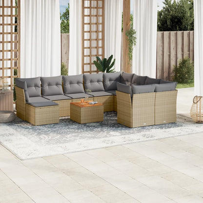 11-tlg. Garten-Sofagarnitur mit Kissen Beige Poly Rattan