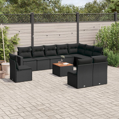 11-tlg. Garten-Sofagarnitur mit Kissen Schwarz Poly Rattan