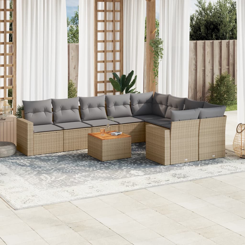 10-tlg. Garten-Sofagarnitur mit Kissen Beige Poly Rattan