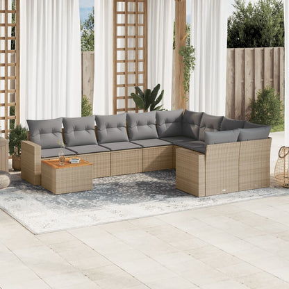 10-tlg. Garten-Sofagarnitur mit Kissen Beige Poly Rattan