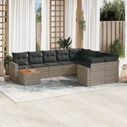 10-tlg. Garten-Sofagarnitur mit Kissen Grau Poly Rattan