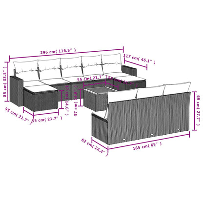 11-tlg. Garten-Sofagarnitur mit Kissen Schwarz Poly Rattan