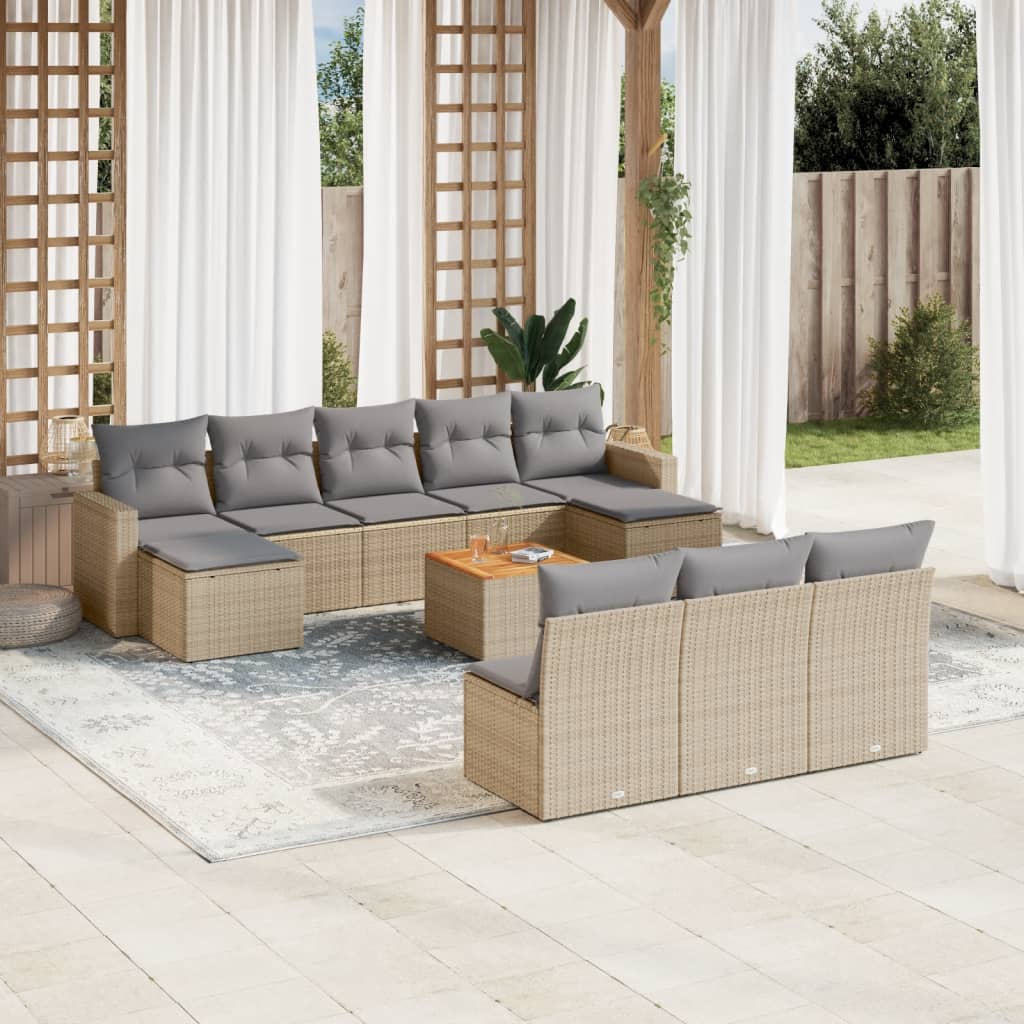 11-tlg. Garten-Sofagarnitur mit Kissen Beige Poly Rattan