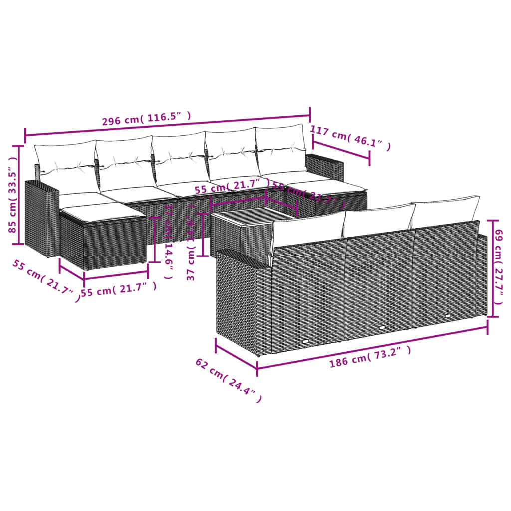 11-tlg. Garten-Sofagarnitur mit Kissen Schwarz Poly Rattan