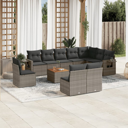 11-tlg. Garten-Sofagarnitur mit Kissen Grau Poly Rattan