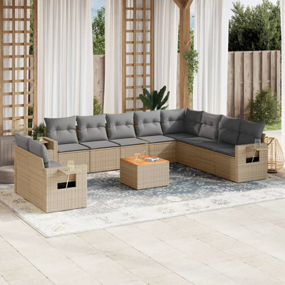 11-tlg. Garten-Sofagarnitur mit Kissen Beige Poly Rattan