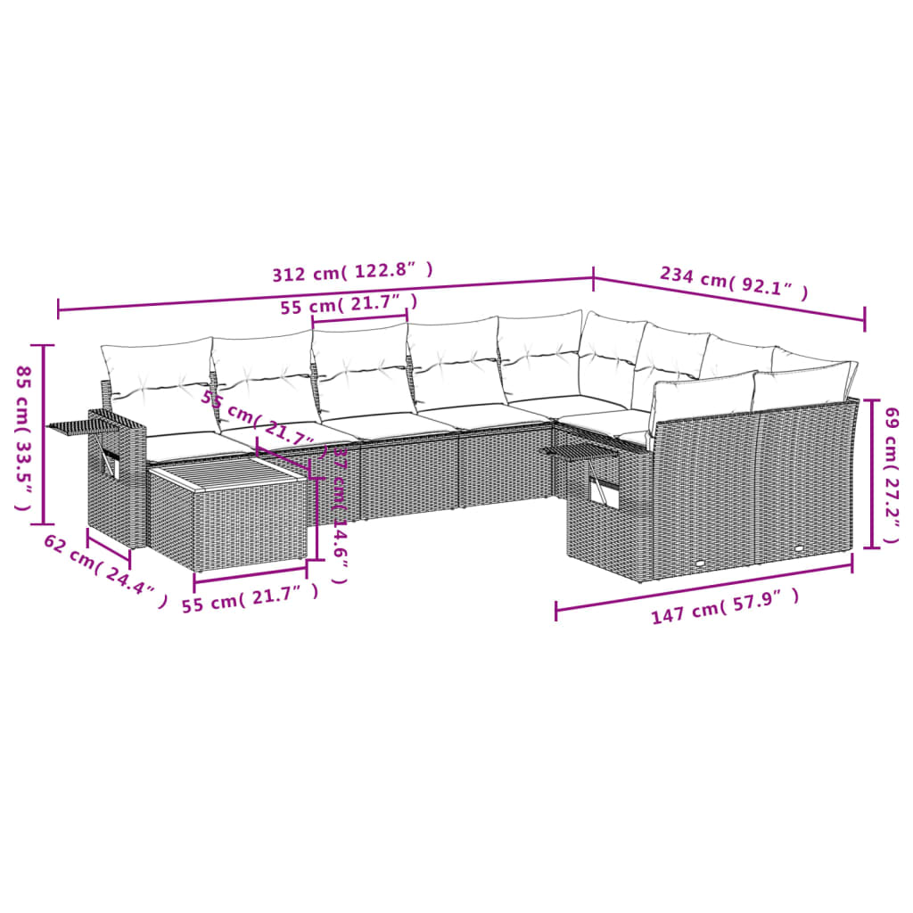 10-tlg. Garten-Sofagarnitur mit Kissen Beige Poly Rattan