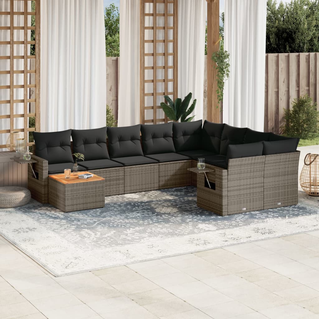 10-tlg. Garten-Sofagarnitur mit Kissen Grau Poly Rattan