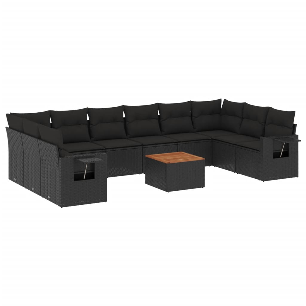 11-tlg. Garten-Sofagarnitur mit Kissen Schwarz Poly Rattan