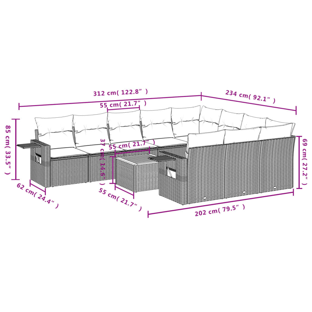 11-tlg. Garten-Sofagarnitur mit Kissen Schwarz Poly Rattan