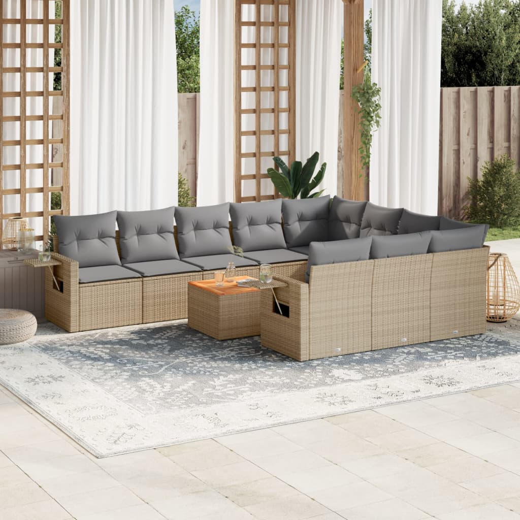 11-tlg. Garten-Sofagarnitur mit Kissen Beige Poly Rattan