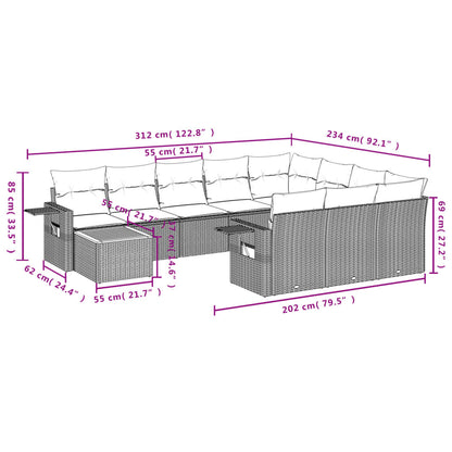 11-tlg. Garten-Sofagarnitur mit Kissen Schwarz Poly Rattan