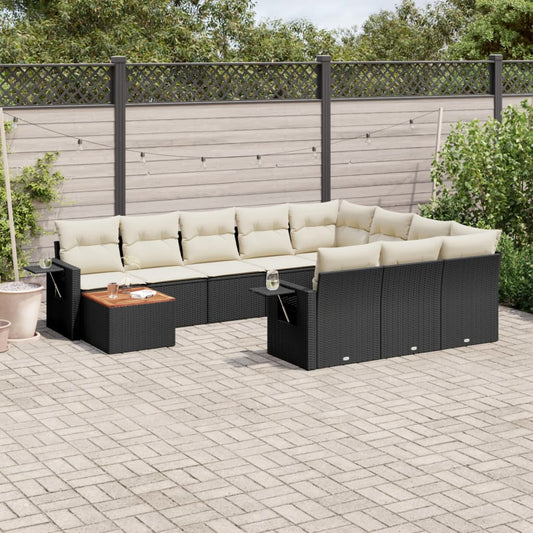 11-tlg. Garten-Sofagarnitur mit Kissen Schwarz Poly Rattan